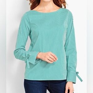 Talbots Green Striped Tie Sleeve Poplin Popover Blouse Button Back Cotton SZ M P